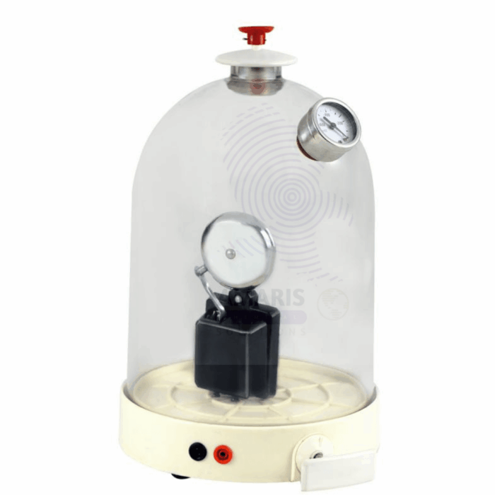 Bell in vacuum with air pump with plate